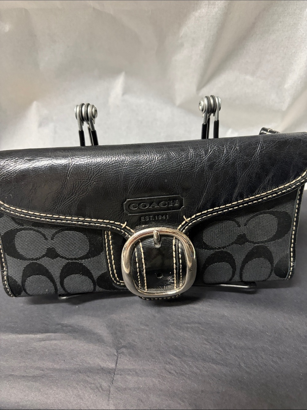 Coach Black Signature Buckle Clutch with Contrast Stitching